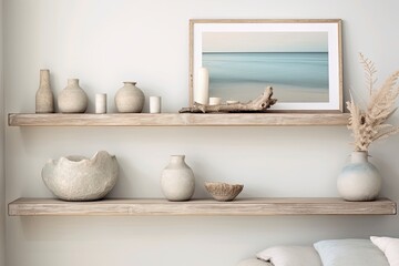 Fototapeta na wymiar Sea Breeze Retreat: Beach House Living Room with Floating Wooden Shelf Sandy Palette Decor