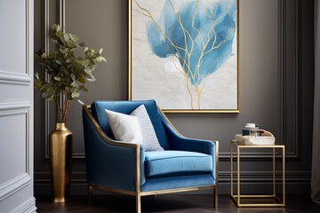 Blue Accents: Modern Living Rooms with Mid-Century Blue Armchair and Golden Frame Design