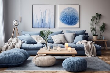 Blue Nordic Vibes: Modern Living Rooms with Blue Pouf and Plant Decor