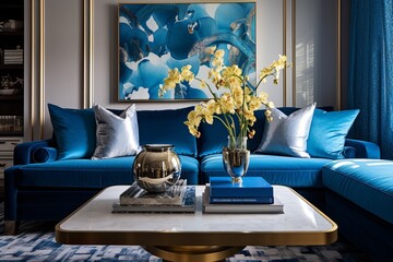 Blue Velvet Visions: Modern Living Room with Gold Accents and Plush Upholstered Sofa