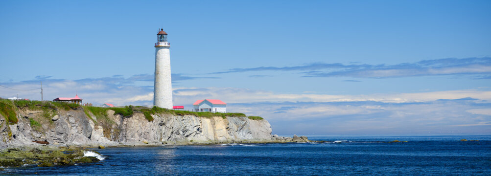 Panoramic image of the Cap-des-Rosiers Lighthouse at La Cote-de-Gaspe, Gaspe Peninsula on the Gulf of St. Lawrence Quebec Canada the tallest lighthouse in Canada