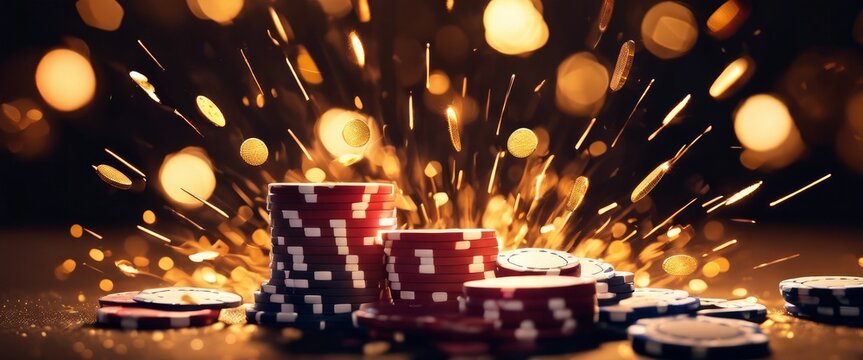 Dynamic scene of casino chips amidst a sparkling, golden explosion, conveying the excitement and energy of winning in a casino.