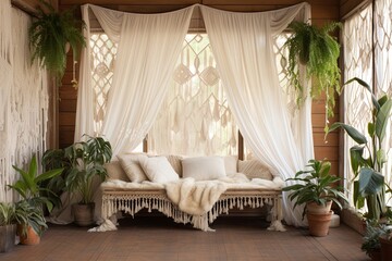 Wooden Floor Bohemian Chic Balcony: Macrame Wall Hangings & White Drapes Delight