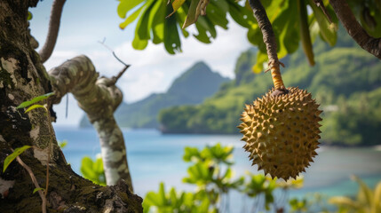 A small pearshaped fruit hanging from a short stubby tree in a remote island setting. The fruit is a mix of bright yellow and green hues and its skin is covered in tiny soft