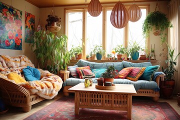 Vibrant Boho Chic Living Room: Retro Inspired Interiors with Macrame Wall Art & Vintage Rugs