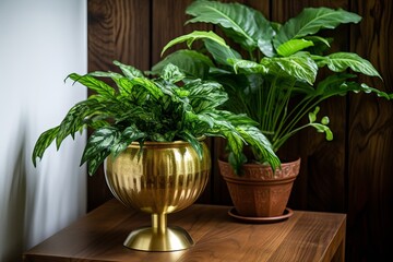 Brass Legged Side Table Decor: Indoor Oasis with Vibrant Plants and Natural Wood