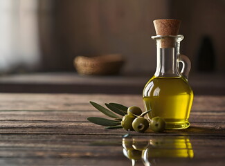 Obraz na płótnie Canvas Olive oil in the bottles on table