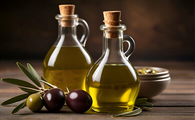 Obraz na płótnie Canvas Olive oil in the bottles on table