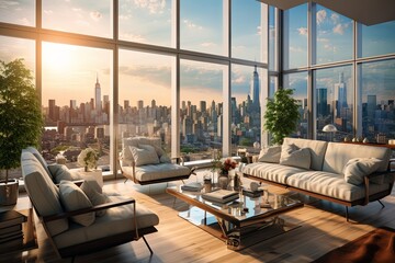 Fototapeta premium City View Serenity: Chic Apartment with Panoramic Windows and Natural Light Maximizing Designs