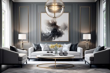 Grey Luxury: Chic Villa Wall Art Poster Ideas with Plush Furniture & Modern Chandeliers
