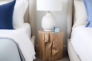 Fototapeta na wymiar Coastal Bedroom Wood Stump Side Table Ideas: Blue Accents & White Bedding Harmony