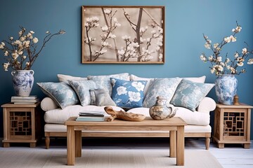 Seaside Vibes: Coastal Living Room with Blue Walls, Driftwood Decor, and Floral Pattern Cushions