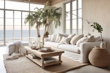 Coastal Loft Living: White Sofa & Rattan Furniture Interiors