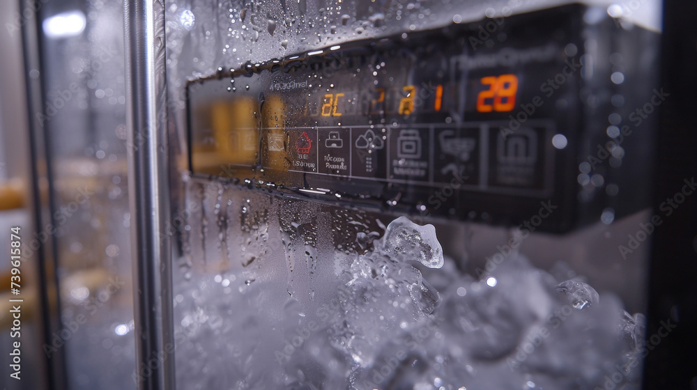 Poster a closeup of the ice makers electronic display showing the current temperature and remaining product
