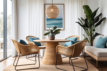 Coastal Rattan Retreat: Retro Living Room with Blue Accents and Beach Vibes