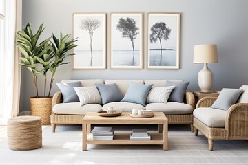 Coastal Serenity: Grey Wall Art Poster Ideas for Blue Accents and Rattan Furniture in a Light-Filled Ambiance