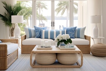 Seaside Serenity: Blue Accents and Rattan Table in Modern Coastal Living Room with Blue Cushions