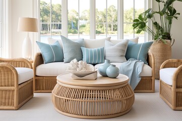 Fototapeta na wymiar Serene Coastal Living Room with Blue Cushions and Rattan Table