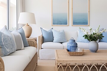 Fototapeta premium Blue Coastal Oasis: Modern Living Rooms with Rattan Table and Blue Cushions