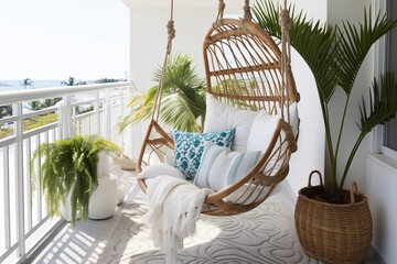 Seashell Serenity: Coastal Vibe Balcony with Bohemian Chic Hammock Chair & Blue Accents