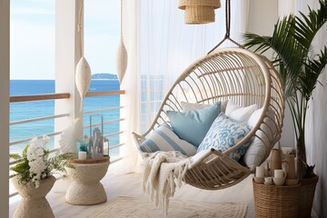 Ocean Breeze Paradise: Bohemian Chic Balcony Ideas with Hammock Chair, Blue Accents, and Seashell Decor