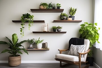 Greenery-Chic: Fabric Lounge Chair Decor with Floating Wooden Shelves