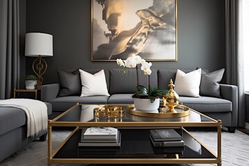 Golden Accents: Contemporary Black Coffee Table Decorations with Grey Walls