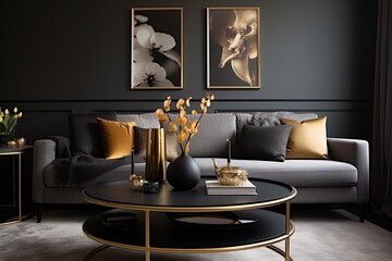Golden Accents: Contemporary Black Coffee Table Decorations on Grey Walls