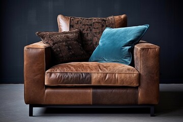 Contemporary Flair: Velvet Upholstered Sofa & Brown Leather Armchair Chic Decor Inspiration