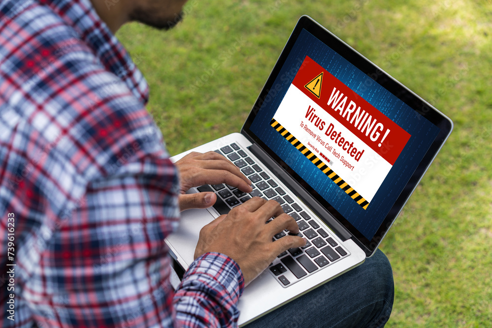 Poster virus warning alert on computer screen detected modish cyber threat , hacker, computer virus and mal