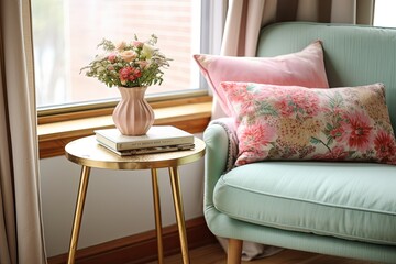 Cottagecore Essence: Pastel Floral Brass Legged Side Table Decoration in Cozy Reading Nook