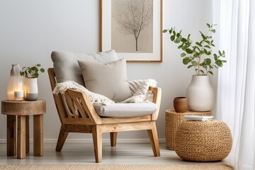 Scandinavian Boho Living Room Vibe: Cozy White Armchair & Wooden Side Table Scene
