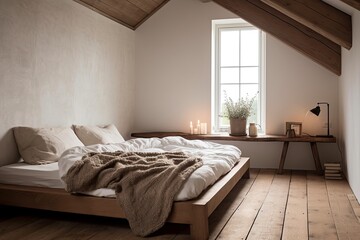 Rustic Minimalist Living: Cozy Bedroom with Neutral Palette and Wood Bed Frame