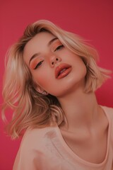Glamour Blonde Woman on Pink Background. Generative AI