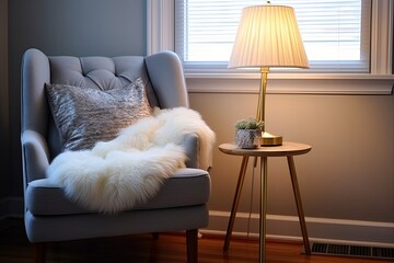 Cozy Corner Reading Nook with Brass Legged Side Table, Fluffy Throw, and Floor Lamp Decor