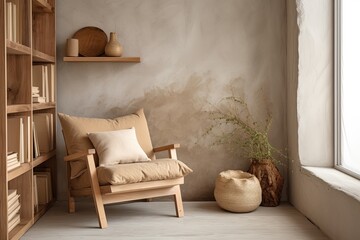 Beige Armchair Haven: Rustic Minimalist Living & Reading Nook with Wooden Shelf