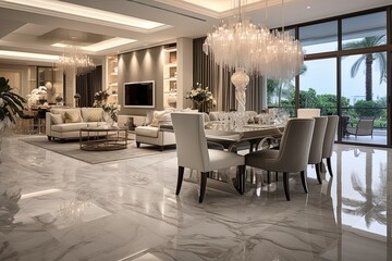 Elegant Opulence: Marble Flooring, Crystal Chandelier & Velvet Dining Chairs in Open Concept Living and Dining Room Designs