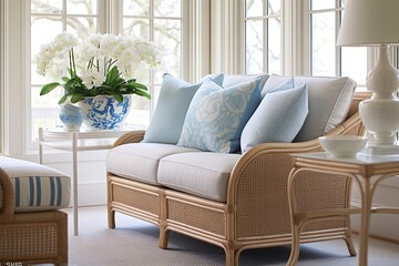Blue Rattan Fabric Lounge Chair: Coastal Living Room Decor with Unique Style
