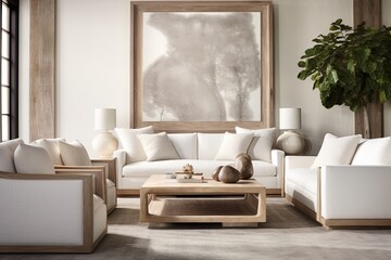 Fabric Lounge Chair Decor: Modern White Sofa in Living Room with Wooden Coffee Table