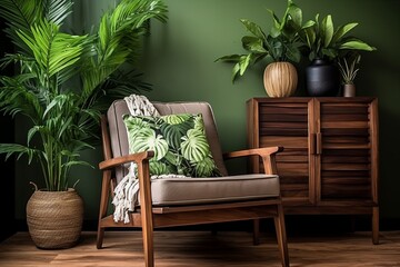 Fabric Lounge Chair Decor: Green Wall Oasis with Tropical Plants and Wooden Side Table