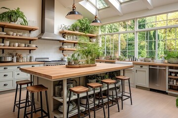 Obraz premium Farmhouse Style Kitchen Interiors: Vintage Bar Stools, Big Island Table, Greenery & Open Shelving Marvel