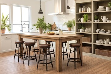 Obraz premium Farmhouse Style Kitchen: Vintage Bar Stools, Big Island Table, Open Shelving Delight
