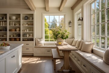 Farmhouse Style Kitchen Interiors: Cozy Breakfast Nook with Cushioned Benches and Natural Sunlight