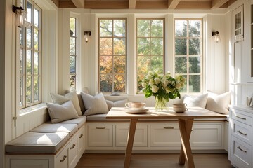 Farmhouse Style Kitchen Interiors: Cozy Breakfast Nook with Cushioned Benches and Natural Sunlight