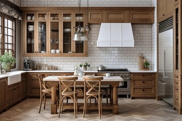 Obraz premium Rustic Wooden Cabinets & Classic Pendant Lights: Farmhouse Style Kitchen with White Subway Tiles