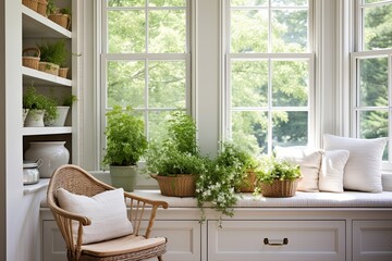 Fototapeta premium Sunlit Farmhouse Kitchen: Bay Windows, Fresh Herbs, and Wicker Chair Charm