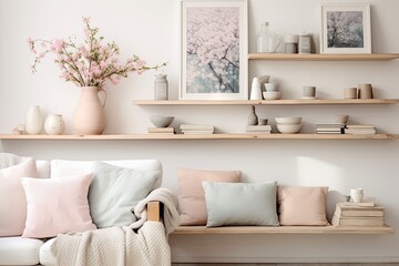 Floating Wooden Shelf Ideas: Cozy Pastel Living Rooms with White Wood - Cottage Feel Decor