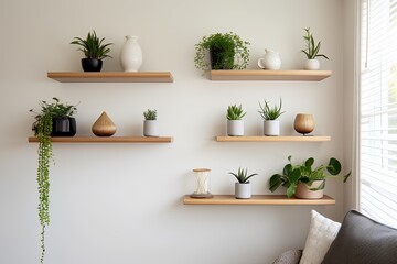 Scandinavian Floating Wooden Shelf Ideas: Living Room Minimalist Style with Plants