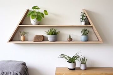 Fototapeta na wymiar Scandinavian Floating Wooden Shelf Ideas in Living Rooms: Plants, Minimalist Style, Clean Lines