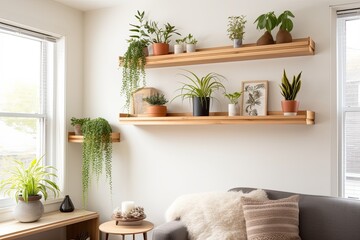 Light Wood Floating Shelf Ideas: Nature-inspired Plant Decor for Living and Sunroom Settings